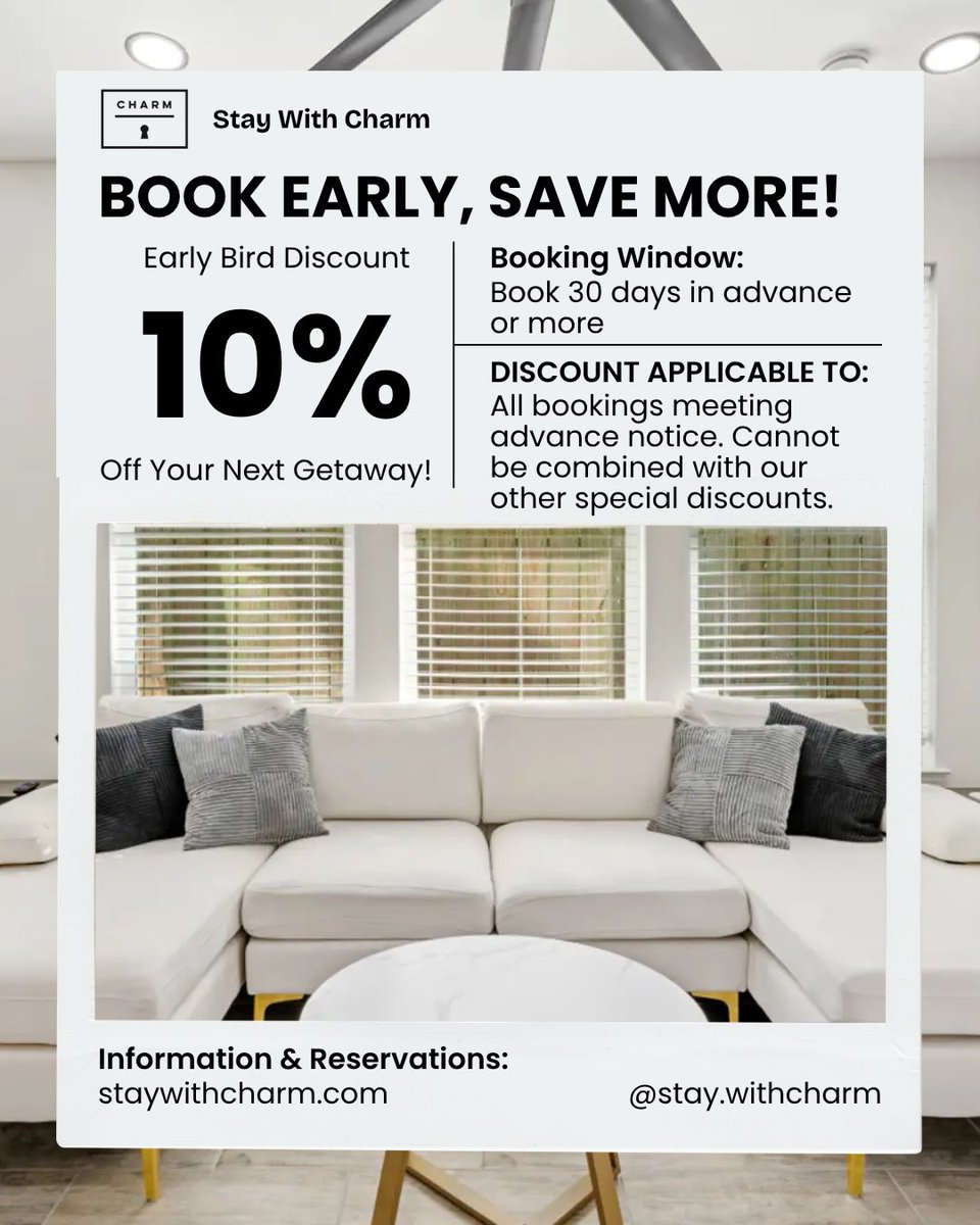 StaywithCharm's tweet photo. Plan ahead and save on your next Texas getaway! ✨🏡  
Book your stay 30 days or more in advance to unlock 10% off with our Early Bird Discount.  
Reserve direct today: https://t.co/y7LbCrQtEM  

 #EarlyBirdDiscount #TexasTravel #HoustonRentals #DallasRentals #VacationRental https://t.co/wxmAcanvkR