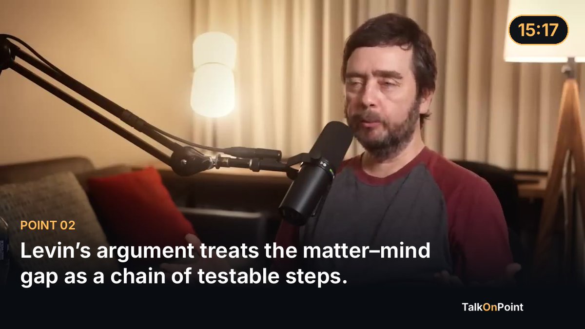 TalkOnPointApp's tweet photo. Levin’s argument treats the matter–mind gap as a chain of testable steps.

A common objection to theories of mind is that they leave a gap between physical processes and goal-directed behavior. In the discussion, Michael Levin describes a different strategy: do not assume the gap is a single mysterious leap. Look more closely at what happens immediately before the behavior appears.

His point is methodological. When someone proposes that a system suddenly becomes intelligent, the next question should be whether the transition can be decomposed into smaller interactions, feedback loops, and changes in what the system is able to pursue. Levin says that, so far, he has not encountered an objection that cannot be examined at a finer level of detail.

That claim does not by itself establish his theory. Showing that a process has intermediate steps is not the same as explaining why those steps amount to agency, memory, or understanding. The distinction between a detailed mechanism and a useful account of behavior remains important.

Still, the approach changes where the investigation begins. Instead of asking only whether matter is “really” intelligent, researchers can examine how goals are maintained, how systems respond when blocked, and whether interventions change the system’s behavior in goal-sensitive ways.

This also explains why Levin moves between biology and computation. The same conceptual question can be applied to cells, algorithms, or other physical systems, while the actual mechanisms remain different. The goal is not to declare them identical, but to find experiments that reveal where their capacities diverge.

The strongest version of this view would need reliable tests that separate genuine agency-like organization from complexity, metaphor, or observer interpretation. Until then, the value is in turning a philosophical divide into a program of investigation.

Which intervention would show that a system is pursuing a goal rather than merely producing a complex sequence?

https://t.co/EA4HwGsF1j

#Agency #Mind #Cognition