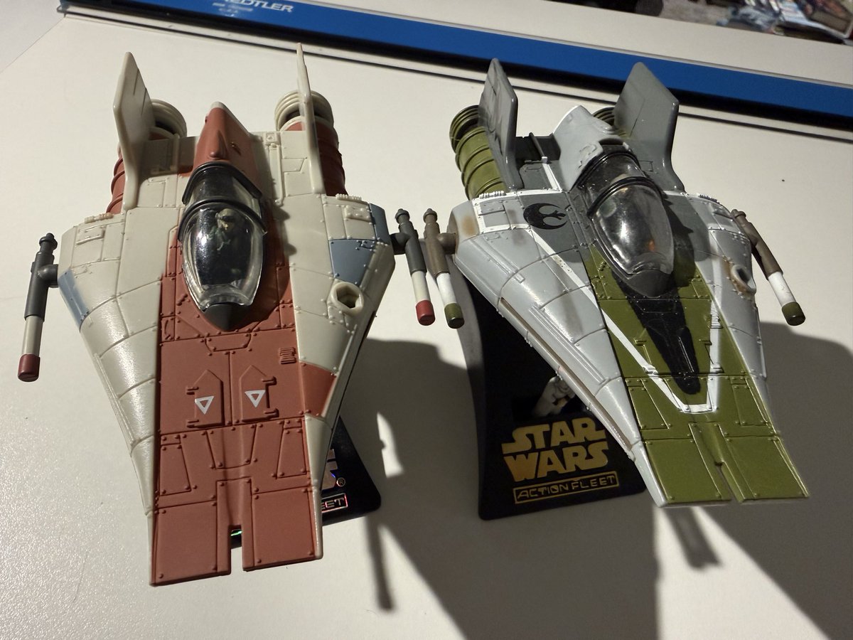 StarWars5W's tweet photo. Picked up the standard red color Galoob Action Fleet A-wing today to go alongside the Green Squadron variant.

It’s crazy how much higher quality these 30-year old models are compared to the Jazwares Micro Galaxy Squadron vehicles. Even the mini figures. https://t.co/4AuHzRLmgW