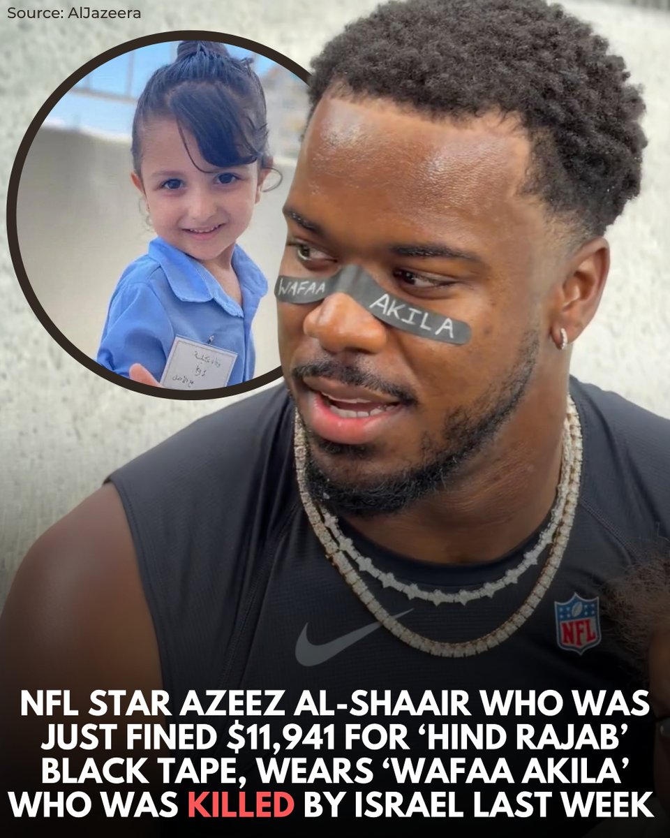 WearThePeaceCo's tweet photo. After being fined $11,941 by the NFL for wearing “Hind Rajab” on his eye black, Houston Texans linebacker Azeel Al-Shaair did it again. 

During Sunday’s game against the Bengals, Al-Shaair wore “Wafaa Aqila” on his eye black, honoring a Palestinian girl who was killed alongside her father in an Israeli strike on their vehicle in Gaza earlier this month.