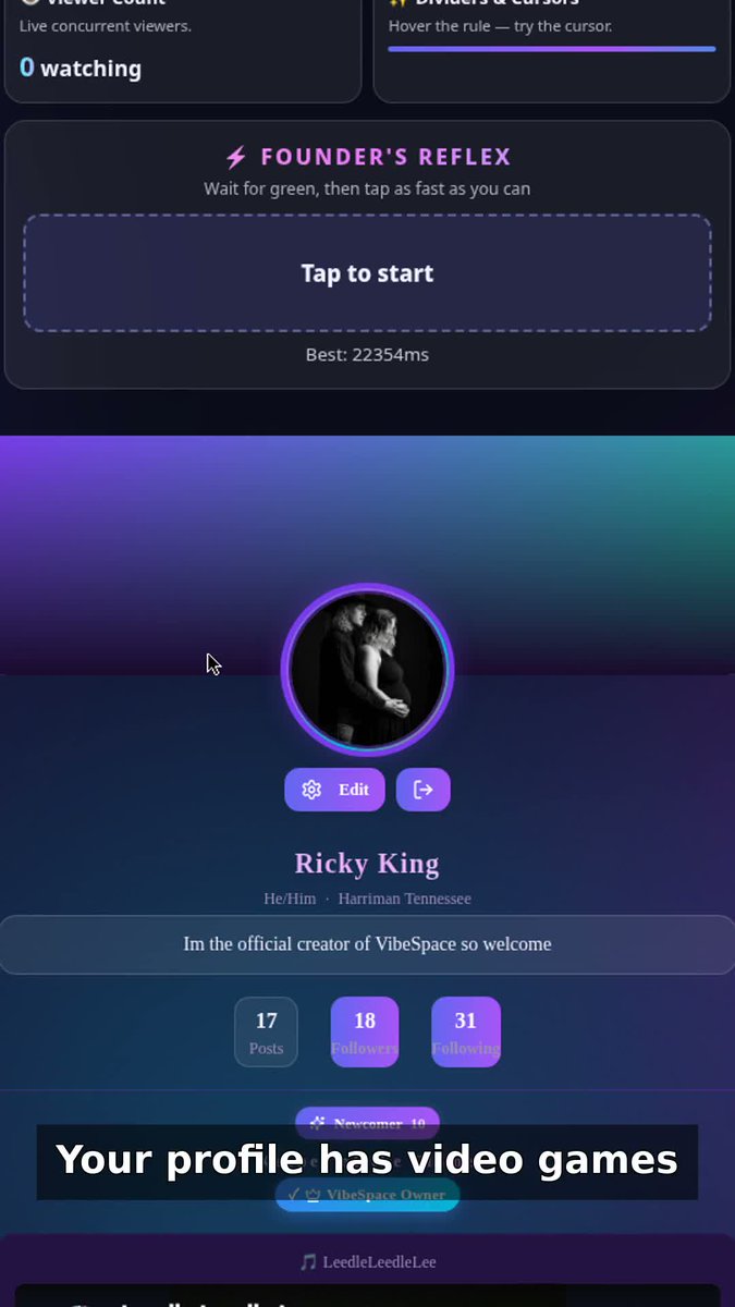 RickyKing139523's tweet photo. Your social profile has VIDEO GAMES 🎮 Playable right on your VibeSpace page — high scores, coins, achievements.
💜 Help keep VibeSpace building: https://t.co/rie7sL7ujO
Try it: https://t.co/NpJxH1xfyI
#VibeSpace #IndieDev https://t.co/kJpcYYEyQh