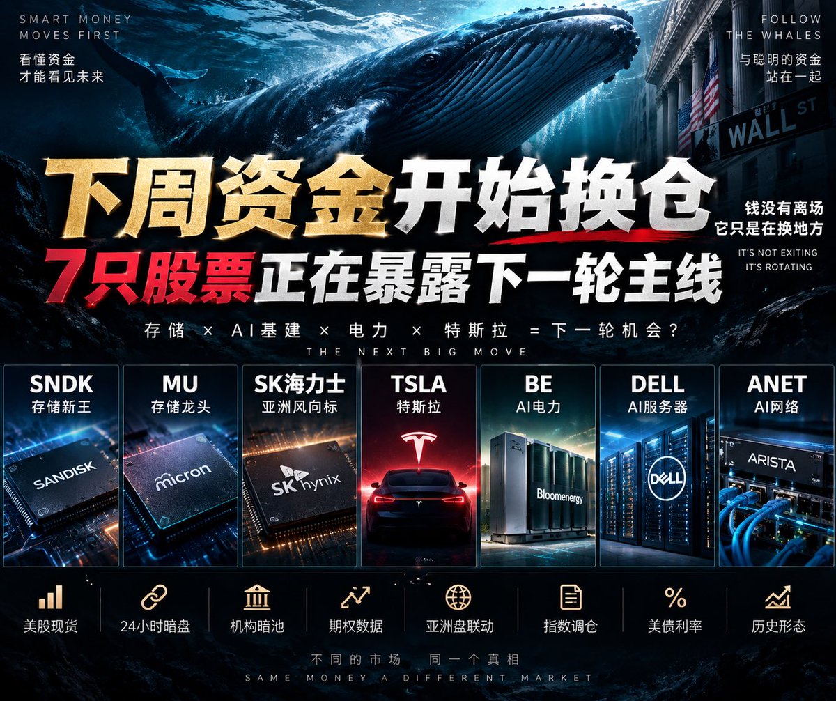 JsBigsharks's tweet photo. 【下周资金开始换仓：7只股票正在暴露下一轮主线】

周末重新扫了一遍美股现货、机构暗池、期权、链上24小时暗盘、亚洲盘和美债.

一个信号越来越清楚：

钱没有离场.
它只是在换地方.

下周真正值得盯的，不是指数涨跌，而是这7只股票之间的资金接力：

SNDK / MU / SK海力士 / TSLA / BE / DELL / ANET

第一条主线：存储.

SNDK进入S&P 100，又撞上存储高景气和24小时股票永续交易.

所以下周不能只看SNDK.

我要同时看三只：

海力士负责探路.
MU负责确认.
SNDK负责放大.

如果SNDK继续暴涨，但MU和海力士不跟，我反而会警惕入指利好兑现.

如果亚洲盘海力士先涨，MU跟上，SNDK继续放量突破，那就不是单纯的指数调仓，而是全球资金继续交易存储周期.

第二条主线：AI基础设施.

DELL进入S&P 100.
ANET进入S&P 100.
BE进入S&P 500.

这三只刚好对应AI产业链继续向外扩散的三个方向：

DELL = AI服务器
ANET = AI网络
BE = AI电力

再加上：

SNDK / MU = AI存储

如果这几条线同时走强，说明钱没有离开AI.

资金只是从GPU继续向存储、服务器、网络、电力迁移.

第三条主线：TSLA.

下周我不准备跟着新闻猜特斯拉.

直接看资金和期权战场.

350–360是下方重要区域.
370上方进入Call密集区.
再往上看385–400.

如果370真正突破并站稳，期权Gamma可能进一步放大波动.

如果350失守，结构就完全不同.

但整个市场真正的总开关，还是美债.

10Y现在就在5%附近.

如果重新站稳5.05%以上，同时30Y突破5.40%，高Beta科技股的估值压力会重新回来.

如果10Y反而回落到4.85%–4.90%，存储、服务器、电力、TSLA这些高Beta资产会重新获得估值空间.

所以下周我的观察顺序非常简单：

美债
↓
亚洲盘
↓
链上24小时暗盘
↓
美股盘前
↓
正式开盘
↓
期权Gamma

一层一层确认.

尤其注意几个背离：

SNDK涨，MU不涨——警惕事件行情.

SNDK涨，海力士跌——警惕美股和亚洲资金背离.

BE涨，GEV、ETN不涨——警惕入指利好兑现.

DELL涨，ANET、CRDO、COHR不涨——警惕单一指数资金.

Nasdaq涨，但10Y重新突破5.05%——警惕股债背离.

真正值得交易的，往往不是所有人都已经知道的利好.

而是不同市场突然开始说不同的话.

下周我重点盯这7只：

SNDK
MU
SK海力士
TSLA
BE
DELL
ANET

它们分别站在：

存储
AI服务器
AI网络
AI电力
Physical AI

几个资金入口上.

谁先出现持续性共振，下一轮资金主线可能就藏在哪里.

记住一句：

钱没有消失.

它只是在寻找下一块还没有被完全定价的资产.

#美股 #AI #人工智能 #SNDK #MU #SK海力士 #TSLA #特斯拉 #BE #DELL #ANET #NVDA #存储 #HBM #半导体 #AI服务器 #AI电力 #机器人 #美债 #纳斯达克