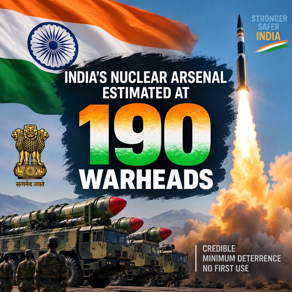 WhyIndiaWins's tweet photo. India's nuclear strength stands at an estimated 190 warheads — anchored in Credible Minimum Deterrence &amp; No First Use. A responsible power for a Stronger, Safer India. 🇮🇳

#NuclearDeterrence #StrongerIndia #NationalSecurity #CredibleDeterrence https://t.co/jenn47fuiH