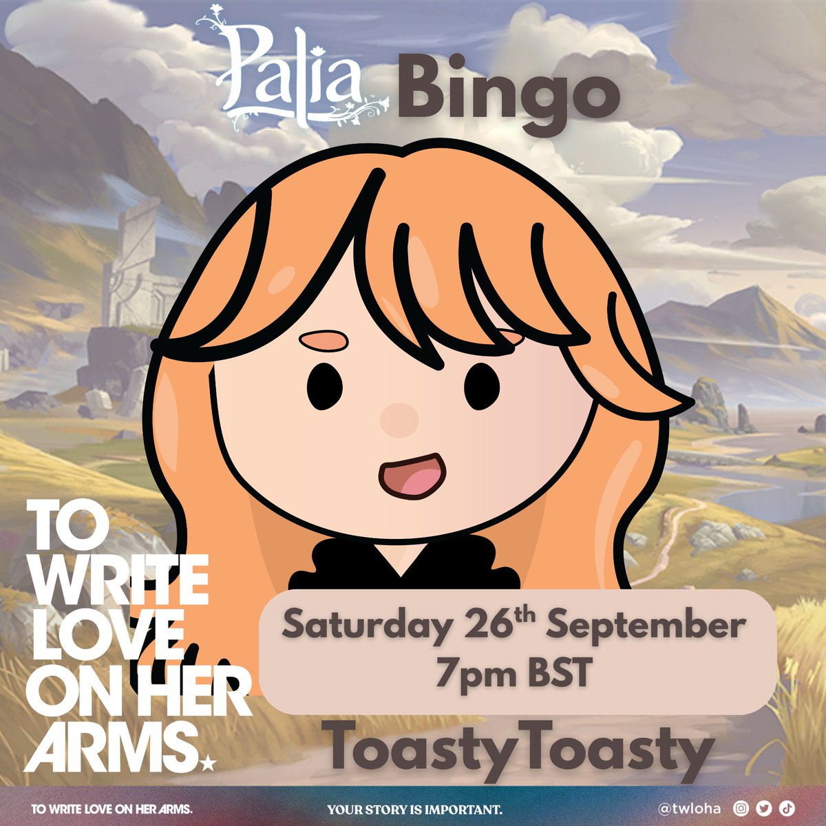 JessSoToasty's tweet photo. ⭐PALIA CHARITY BINGO⭐I am happy to announce that I will be joining https://t.co/mau9HDHcVO
Palia Charity bingo event! Save the date, let's all gather for this month and support TWLOHA!! 🗓️ September 26th @ 7 PM BST / 2 PM EST  https://t.co/3rdinU1ux0 #palia #twloha https://t.co/bN8HZDlI8c