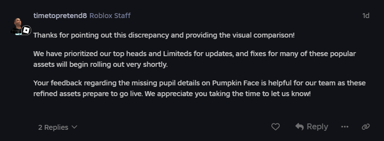 Rolimons's tweet photo. A Roblox employee has finally addressed Dynamic Heads on the Marketplace, saying that top selling and limited heads have been prioritized, with improved versions of many popular heads are set to roll out soon.

Let’s hope they stick to their word! https://t.co/iuck3poU5q