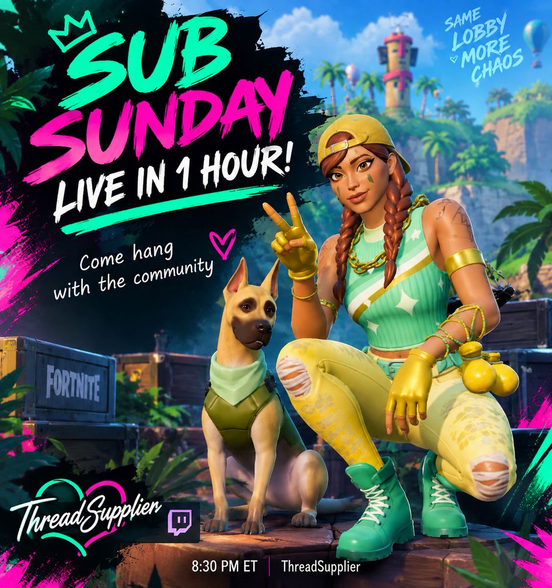 ThreadSupplier_'s tweet photo. 🔴 LIVE IN 1 HOUR! 💚🩷

Fortnite is getting another shot tonight… 👀😂

It’s SUB SUNDAY! 🎮 Come hang with the community, get in on the chaos, and !join when it opens up for you!

⏰ 8:30 PM ET | ThreadSupplier https://t.co/wNCbaFjxie