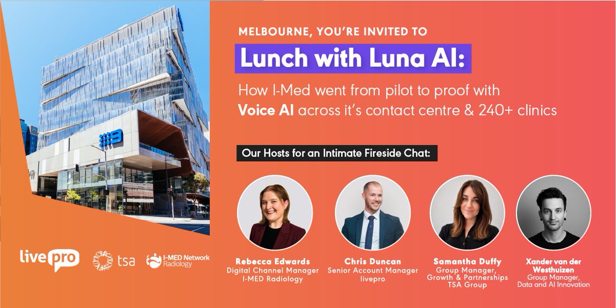 liveprosoftware's tweet photo. Join livepro, TSA Group and I-MED Radiology for a Melbourne lunch on Thursday 1 October 2026 as we unpack the real story: what worked, what surprised them, and how they knew it was succeeding.
12:00–1:30pm
717 Bourke Street, Melb VIC
Secure your seat: https://t.co/mqFvSw09eq https://t.co/Poo7UFTRmR