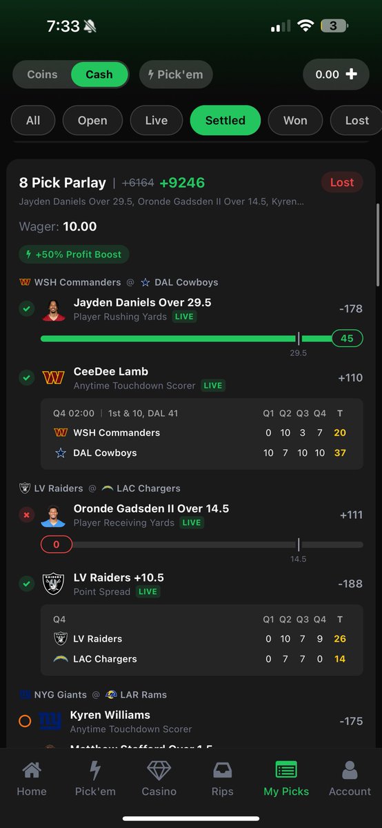 jaycooks18's tweet photo. @courtsideapp what’s going on with this he has 18 receiving yards and you guys have it as a loss? Please fix this https://t.co/HHx49hIDyZ