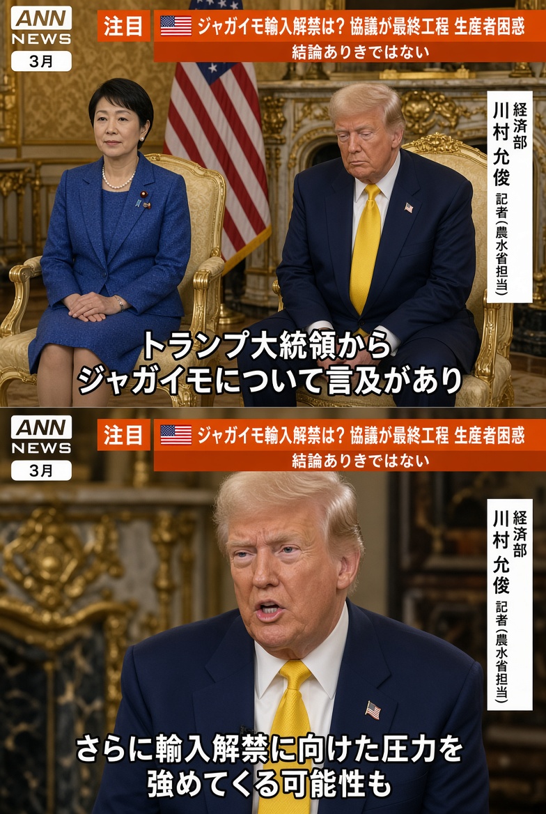 PoppinCoco3's tweet photo. 輸入ジャガイモの件が昨日のニュースでも紹介。

ジャガイモは自給できてるのに米国産の生イモを入れる理由がわからない。

病害虫は一度入ったら取り返しがつかないのにアメリカとの協議は最終工程に入ったってふざけてるよな。
「100%管理できる」は嘘だし不可能に決まってるだろう。

結論ありきの解禁は絶対に許すな。

農家を、日本を守ろう。
