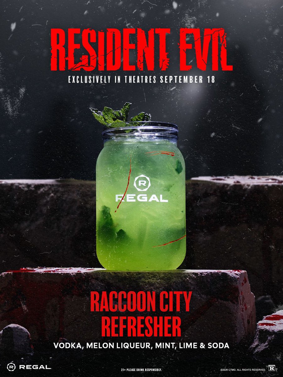 RENews_X's tweet photo. 🍹Regal’s “Raccoon City Refresher” in real life.

The special green cocktail is available at select Regal Cinemas locations alongside the release of Zach Cregger’s 'RESIDENT EVIL' movie.

It’s made with vodka, melon liqueur, mint, lime, and soda.

(📸 via: @michonnelovr) https://t.co/0ksu8ZXpF0