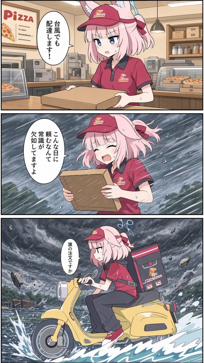 Ponconyan's tweet photo. 台風の日に頼むピザは
いつもよりサクサクでウマいぞ （１/２） https://t.co/BiHtfbsWJx