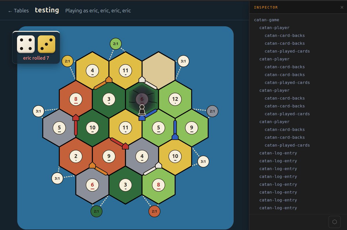 aquameta's tweet photo. Aquameta + Claude etc is truly amazing, it's the most trivially inspectable platform I've ever used, agents love it.  Built a fully playable, evented multiplayer Settlers of Catan clone in... three hours?  Flirting with 3d. https://t.co/LabPtgUAmy