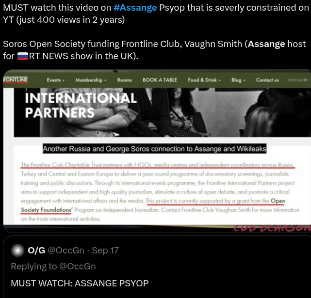 OccGn's tweet photo. Soros Open Society funded Frontline Club, founded by Vaughn Smith who hosted Assange at his country home where he made his RT News shows Dec 2010.

Assange also started using BTC, promoted by Max K. on RT News, BTC x10'd in months.
https://t.co/BUITWXWOGo
https://t.co/z4DOJlabgC https://t.co/FYrjm4QCES