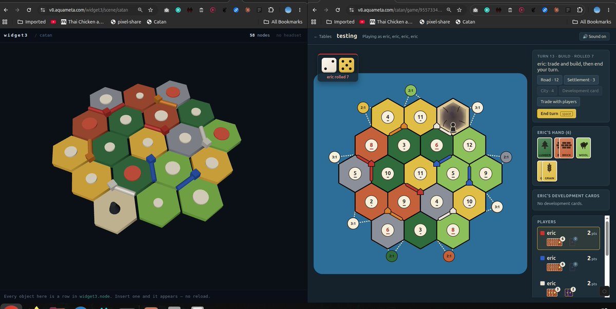 aquameta's tweet photo. Aquameta + Claude etc is truly amazing, it's the most trivially inspectable platform I've ever used, agents love it.  Built a fully playable, evented multiplayer Settlers of Catan clone in... three hours?  Flirting with 3d. https://t.co/LabPtgUAmy