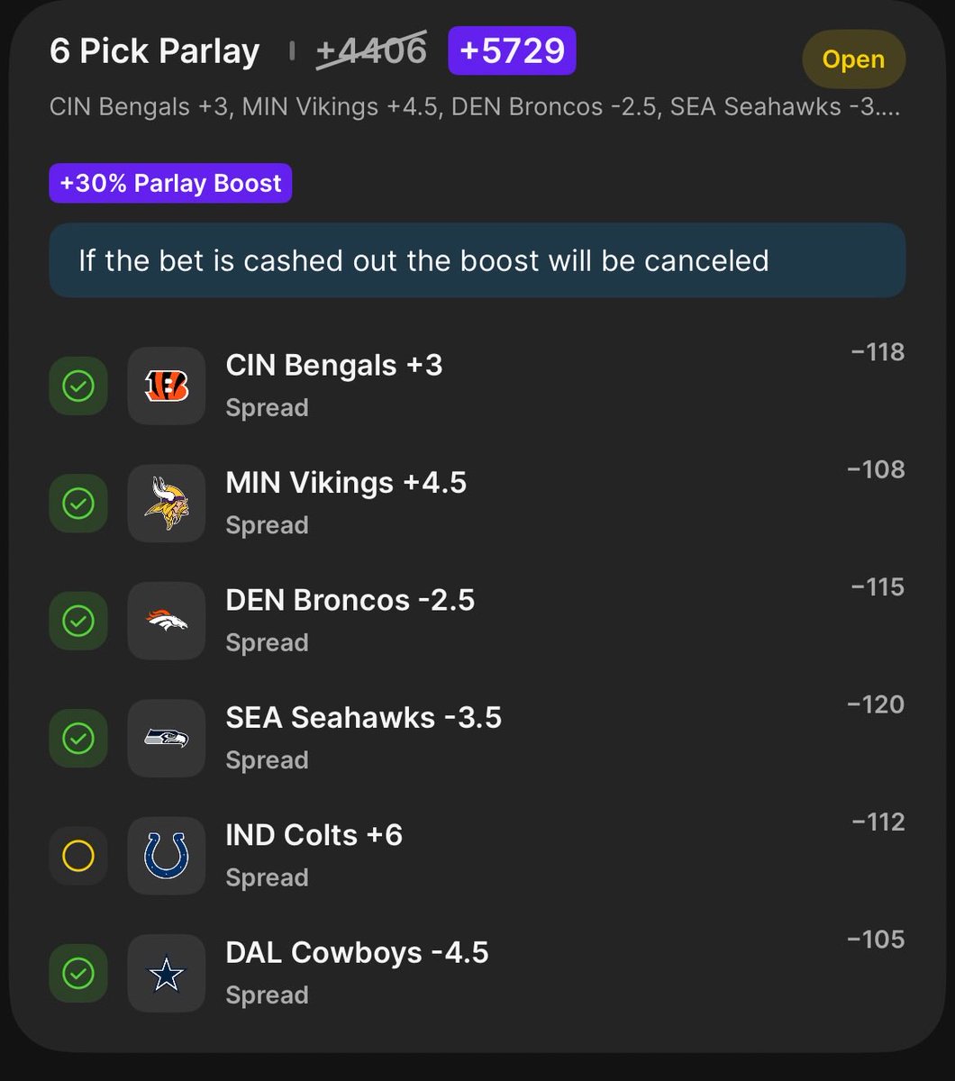 SWMSWM5's tweet photo. I want to thank @football_grump for his spread picks on @GiantsNationPod. I went against all six of his picks for my parlay and I’m one Colts +6 cover from a big win. Thanks Grump!   @BobbySkinner_ https://t.co/j1cJr9wK4R