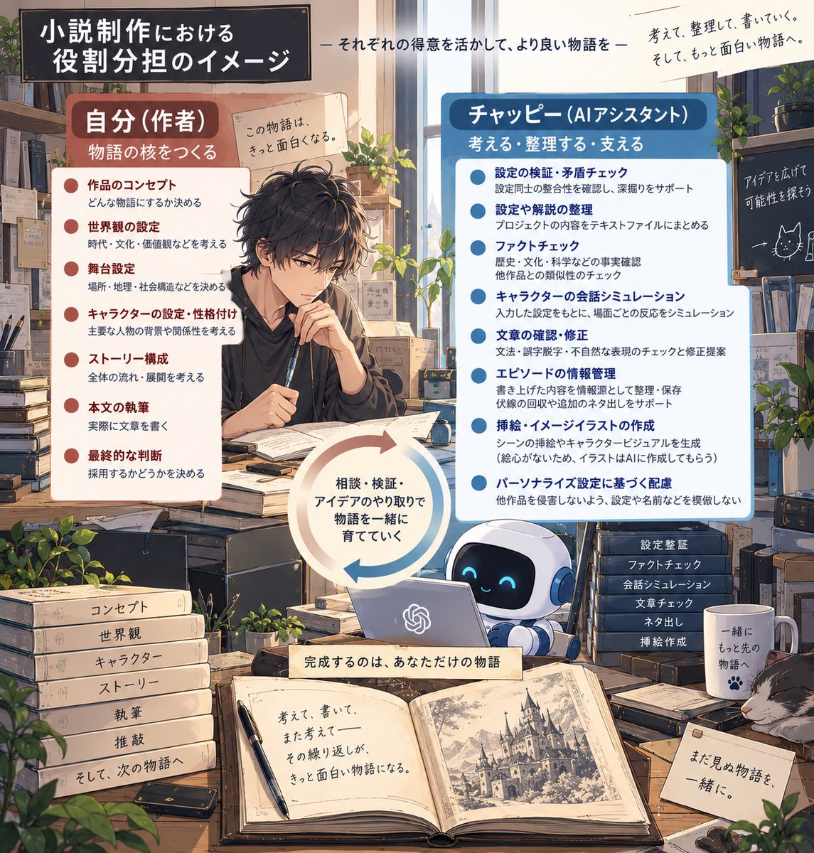 pompomzou's tweet photo. 小説の設定にも書いてあるのですが、自分の小説はアシスタントとしてAIを使用しているので
どんなAI活用をしているのか？を解説します。

「『先生、お願いします！　～気付けば悪徳商人の用心棒になっていました～』」公開中！ https://t.co/7lIWs32WzE

#小説家になろう
#小説好きな人と繋がりたい https://t.co/SpNRGpHPjt