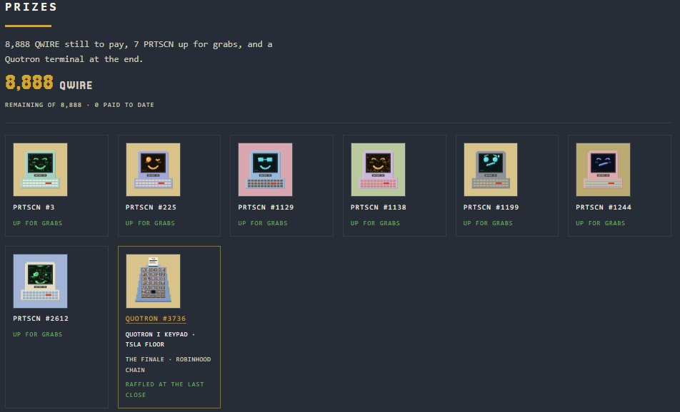 TheWirehouse's tweet photo. UPDATE: The Accumulation just got a whole lot bigger!

Same rules. Buy $QWIRE, hold, get paid every Friday. Sell or transfer, and you're out.

On top of the 8,888 QWIRE we're now giving away 7 PRTSCNs and Quotron #3736.

First payout this Friday, 16:00 UTC.