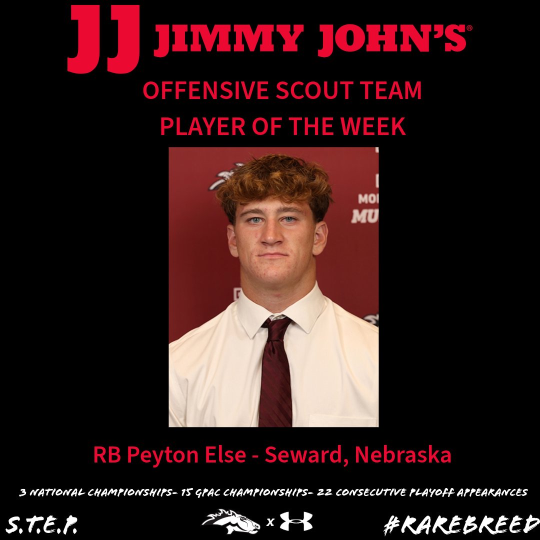 MsideFootball's tweet photo. Congrats to our Week 3 award winners vs Dordt. Presented by @jimmyjohns
Player of the Game: Drew Sellon @drew_sellon 
Defensive Scout: Gavin Hardeman 
Offensive Scout: Peyton Else
Position Group of the Week: Offensive Line! #RareBreed https://t.co/vM1RraLBzj