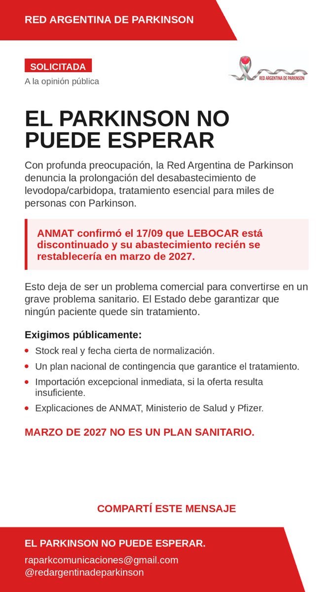 Redargparkinson's tweet photo. Con profunda preocupación, denunciamos la prolongación del desabastecimiento de levodopa/carbidopa esencial para miles de personas con Parkinson. ANMAT confirmó  el 17/9 LEBOCAR, de Pfizer S.R.L.,está discontinuado por problemas de producción y de abastecimiento hasta 03/2027 https://t.co/GSkG3vtpAO