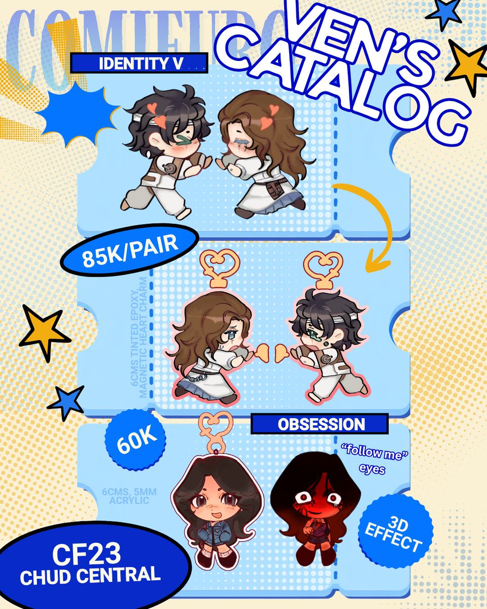 Vennshoe's tweet photo. [💙&amp; 🔁] are appreciated!!

♬ vennshoe's CF23 PO 2 IS OPEN! ♬

🗓️ 21 -27 Sept
🛒PICK UP ONLY (both days)
📍CHUD CENTRAL  [S-19]
🔗https://t.co/x0q2t5UPja 

FANDOMS ♪
Deltarune , Identity V, Obsession, Fish

#cf23 #comifuro23 #cf23catalog #comifuro23Catalogue https://t.co/d0mzV0Gc6z