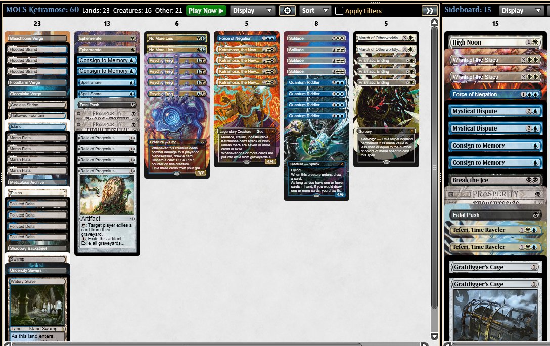 kanister_mtg's tweet photo. I'm the MOCS Champion! 🥰

Played Esper Ketramose. Didn't want to play Titan and get hit by hate. Expected 1.67 Goryo and 2.137 Broodscales in the field, haven't found other decks I liked vs both. 

Huge thanks to @TSPJendrek for the list and to @BigBossAardos for Hard Testing!!! https://t.co/X0SfkmBG29
