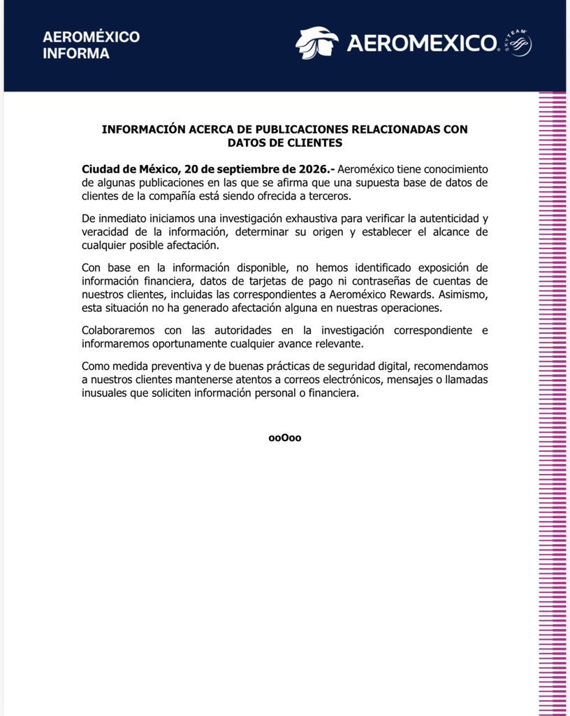 SoledadDurazo's tweet photo. .@Aeromexico responde a supuesta filtración de la información de sus usuarios. https://t.co/85NkSrFhZd