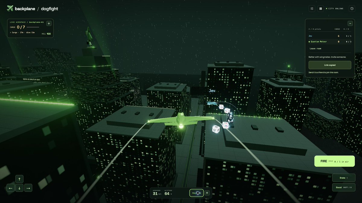 MatiasMatthews's tweet photo. I connected a Jev-powered bot to Backplane Dogfight and played against it.

Astra in Codex built the integration. Jev picked the tactics. A controller handled the flying. I tried to survive 😅

My cofounder and I are open-sourcing Backplane tomorrow. Apparently, this is how I prepare.

Want a round against my bot? Let me know and I’ll bring it online :D