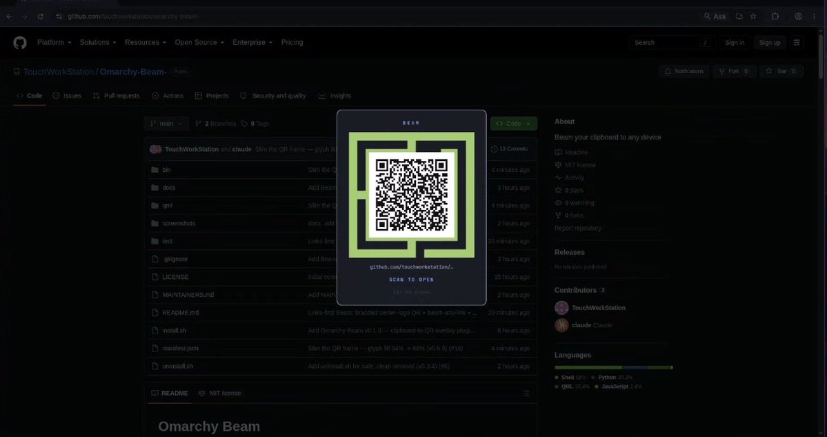 OnTheLiftAI's tweet photo. Picture this.  You built something. You pushed it to GitHub. You want to share it.  Omarchy-Beam turns your link to GitHub into a QR code instantly.  
Super + Shift + Q   That’s it.  Copy your link, use the key combo, and boom. 

Picture below for refrence and access to the repo.  

#omarchy #plugins
#linux