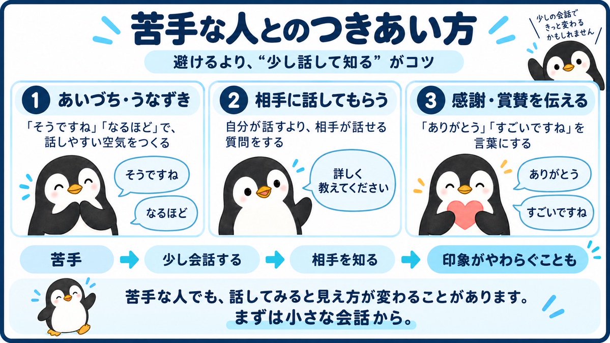 terra629's tweet photo. 苦手な人ほど、つい避けたくなります。
でも、少し会話して相手を知るだけで、
第一印象が変わることもあります。

コツは「自分が話す」より「相手に話してもらう」こと https://t.co/Dms0aP1ZxV