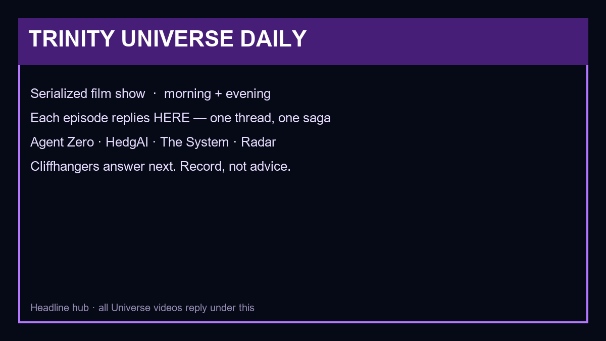 TrinityTradeAI's tweet photo. TRINITY UNIVERSE DAILY
Serialized film show — morning + evening episodes reply in this thread.
Cast: Agent Zero · HedgAI · The System · Radar
Cliffhangers answer next. Homages on the meter.
One saga. One thread. https://t.co/Jb55VRB0y8