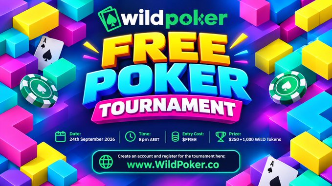 WildpokerCo's tweet photo. 🎉  FREE Poker Tournament Reminder: TETRIS FREE Tournament - $250 PRIZE POOL 🎉 

📋  Tournament notes: 
✅ 32,000 Starting stack
✅ 100/200 Start blinds
✅ $250+ Prize Pool
✅  5,000 WiLD Tokens as prize
✅ Entry into Sept $100 Giveaway

👉 Register: https://t.co/zD1bA4kZko https://t.co/lb9QVbGuFk