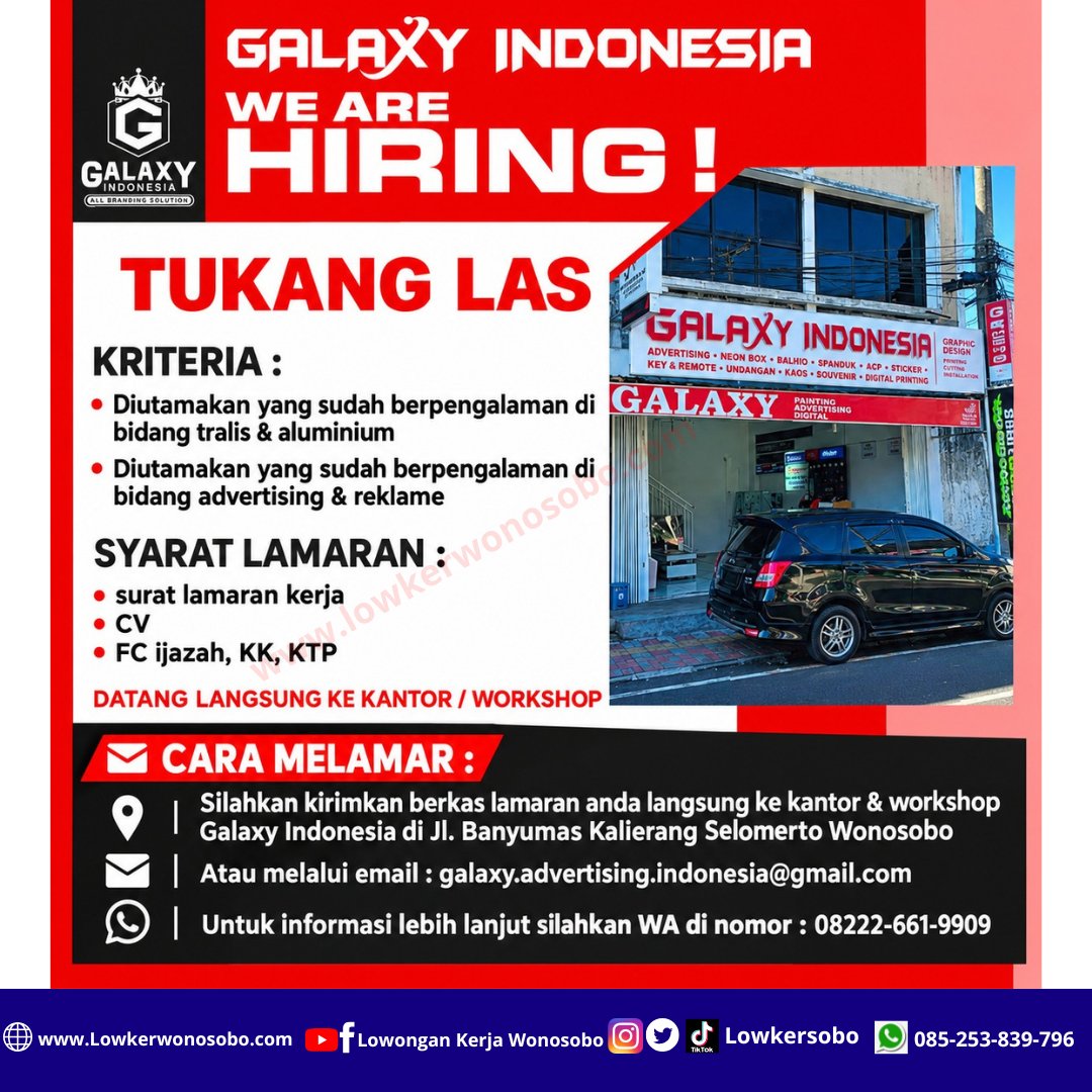 LowkerSobo's tweet photo. Lowongan Kerja Di Galaxy Indonesia

Alamat : jl. Banyumas Kalierang Wonosobo 

Untuk Posisi Sebagai : Tukang las

untuk informasi lebih lanjut silahkan WA dinomor : 08222-661-9909

#loker #fyppppppppppppppppppppppp  #infoloker #kerjaan #lokerterbaru https://t.co/t4AJrPmjTm