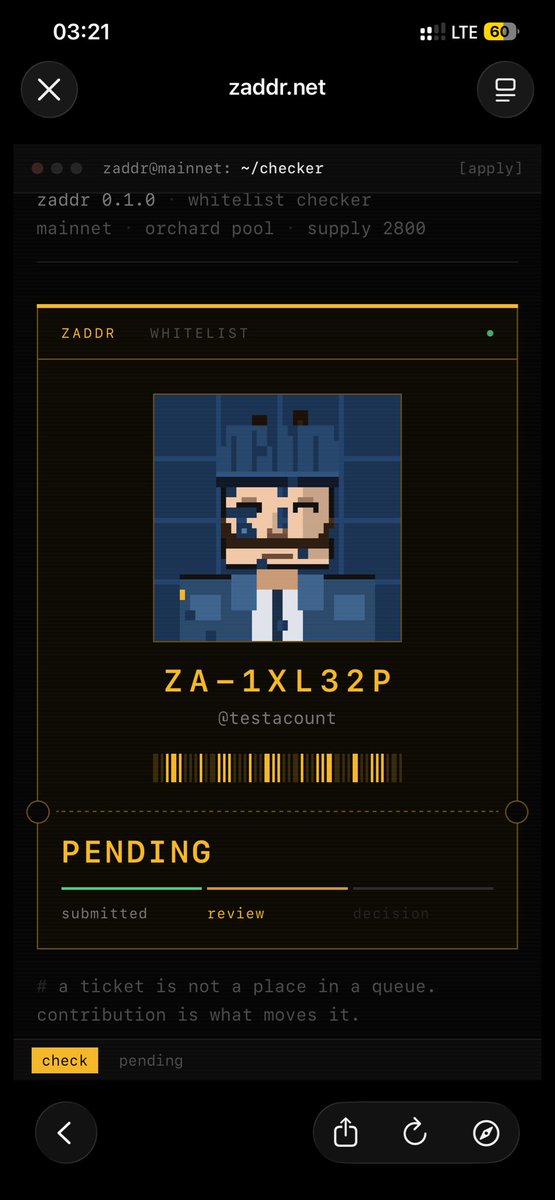 testacount's tweet photo. Ticket ZA-1XL32P
Status: PENDING
A ticket is not a place in a queue
Contribution is what moves it
I understand that.
I’m not here for noise.
I’m here for the real thing.
2,800 faces the world can see
2,800 owners it never will
Shielded on Zcash
@zaddrnet
Nice to not meet you https://t.co/OQ9iR3eq4j