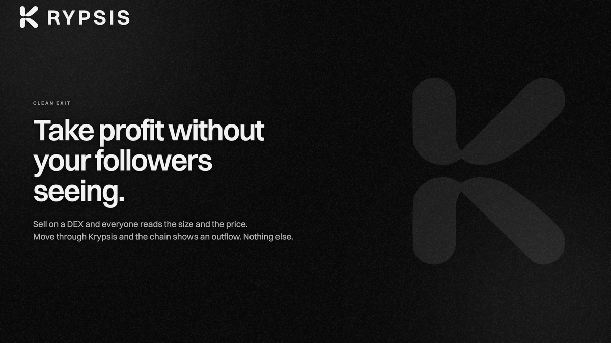 KrypsisNetwork's tweet photo. Take profit without your followers seeing.

Sell on a DEX from a public wallet and everyone reads the size, the price and where the money went.

Move through Krypsis instead and the chain shows one outflow. Not a sale, not a price, not a destination.

Live now on:

https://t.co/9qpoHWI0sO