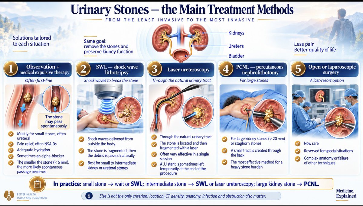 Medexplained15's tweet photo. Kidney stones — when “back pain” is not really back pain

For this second episode of our series on common reasons people see a doctor, we stay close to back pain — but from a different angle.

In episode 1, we talked about low back pain.
But pain felt in the back or side does not always come from the spine.

Doctors call this a differential diagnosis:
the same symptom can have several possible causes.

One classic example is a kidney stone.

A kidney stone is a small hard deposit that forms when substances normally dissolved in urine crystallize and stick together.

A stone can sit silently inside the kidney.
Pain usually starts when it moves into the ureter — the narrow tube connecting the kidney to the bladder — and interferes with urine flow.

This can cause the intense, wave-like pain known as renal colic, often felt in the side or back and sometimes radiating toward the groin.

Step 1 — Confirm the diagnosis

Symptoms can strongly suggest a kidney stone, but imaging helps confirm it and answer three important questions:

Where is the stone? How big is it? Is it blocking urine flow?

Ultrasound uses sound waves and involves no radiation. It can detect many kidney stones and show whether the kidney is becoming obstructed.

A CT scan — often called a uroscanner — gives a more detailed view and can precisely show the stone’s size, location and degree of obstruction.

Step 2 — Choose the treatment

Treatment mainly depends on the stone’s size, location and whether it is causing complications.

Observation + pain relief → many small stones pass naturally
SWL — shock-wave lithotripsy → shock waves break the stone from outside the body
Laser ureteroscopy → a thin scope travels through the natural urinary tract and the stone is fragmented with a laser
PCNL — percutaneous nephrolithotomy → used mainly for large kidney stones, through a small tract created in the back
Surgery → now rare and reserved for special situations

In practice

Small uncomplicated stone → often wait for it to pass
Stone requiring active treatment → SWL or laser ureteroscopy
Large kidney stone → often PCNL

And one important exception:

A blocked kidney + infection or fever is an emergency.

The goal is then to drain the kidney and treat the infection before dealing with the stone itself.