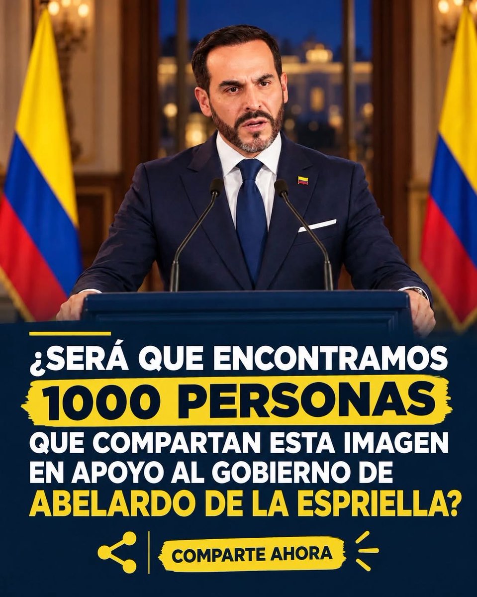 willysan009's tweet photo. Colombia necesita carácter, unidad y decisión.

¿Llegamos a 1.000 colombianos que compartan esta imagen en respaldo al Gobierno de @ABDELAESPRIELLA?

Que se sienta el respaldo. Que se escuche Colombia.

¡Comparte ahora! 🇨🇴🙏

#1000PorAbelardo #PatriaMilagro #FirmeConAbelardo https://t.co/d0q0JSznrc