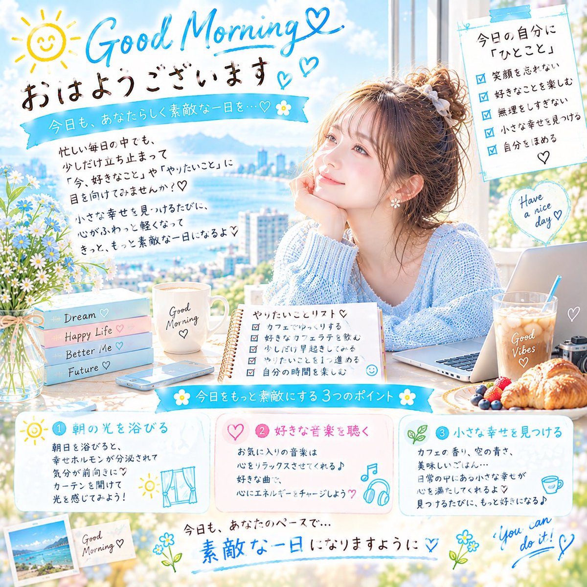 dbs_future's tweet photo. おはようございます☀️🩵

今日は「小さな楽しみ」を
ひとつ決めてみよう😊🌸

好きな音楽を聴く🎧
美味しいものを食べる☕
帰りに寄り道する🌿

楽しみがひとつあるだけで、
今日がちょっと特別になる✨

今日も自分らしく♡
素敵な一日を過ごしましょう🌈

#おはよう #小さな幸せ #自分らしく #朝活 https://t.co/8JdWmYwz0Z