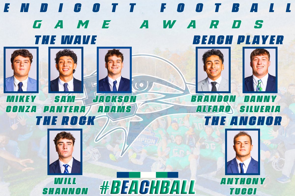 EndicottFB's tweet photo. Congratulations to our Week 3️⃣ Game Award Winner’s‼️

The Wave: Mikey Conza, Sam Pantera, Jackson Adams
BEACH Player: Brandon Alfaro, Danny Silveria
The Rock: Will Shannon 
The Anchor: Anthony Tucci 

#BeachBall 🏈🐦🏖️#M2DEINB6VERLY ☀️🌊 https://t.co/OBBIvQjKon