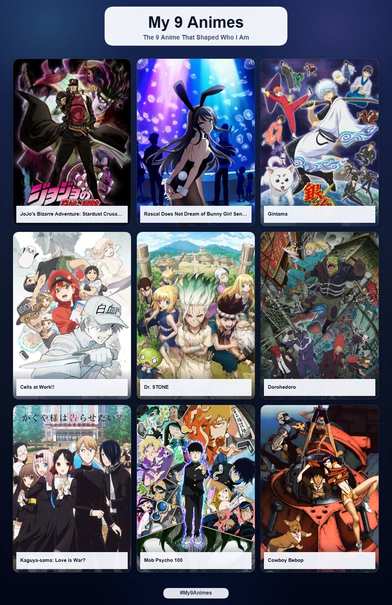 Anisho_'s tweet photo. Hacer esto me hizo darme cuenta de que casi no consumo anime, y no sé si es bueno o malo. Eso, y que mis gustos están por todos lados. No se, recomiéndenme animes. https://t.co/SzrlG3Ae51