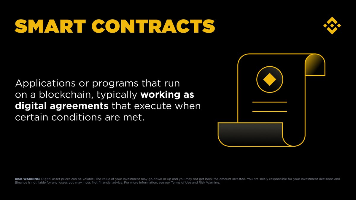 binance's tweet photo. Ever wondered how blockchain agreements execute automatically? 

Smart contracts make it happen by following pre-set conditions written into code, enabling transactions and actions to be carried out without the need for intermediaries. https://t.co/bDlU7LGKcU