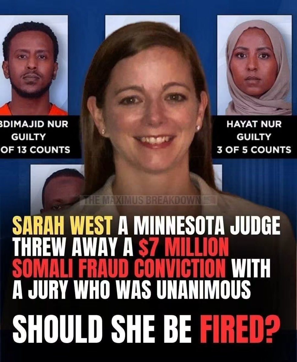 ag_0012's tweet photo. A Minnesota judge named Sarah West has reportedly tossed a $7.2 million Medicaid fraud conviction even after a unanimous jury verdict found the defendant guilty.

Should she be fired? https://t.co/4kdr39u34c