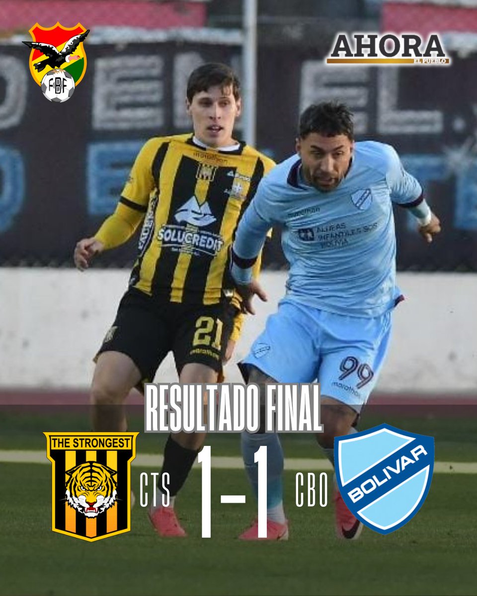 ahora_elpueblo's tweet photo. AHORA EL PUEBLO | EL TIGRE RESISTE CON DIEZ Y EMPATA ANTE BOLÍVAR
The Strongest y Bolívar igualaron 1-1 por la Copa Bolivia. Arrascaita marcó para el Tigre y Billy Arce empató. Los atigrados resistieron tras la expulsión de Welch.
#ClásicoPaceño #TheStrongest #Bolívar https://t.co/1Np69ZT23U