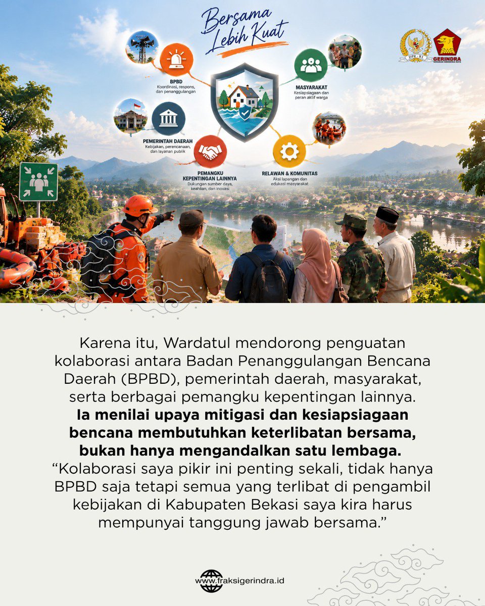 Fraksi_Gerindra's tweet photo. Anggota Komisi VIII DPR RI Wardatul Asriah mendorong penguatan edukasi dan kesiapsiagaan bencana hingga tingkat desa di Kabupaten Bekasi, Jawa Barat. https://t.co/I8WqDi1NMs