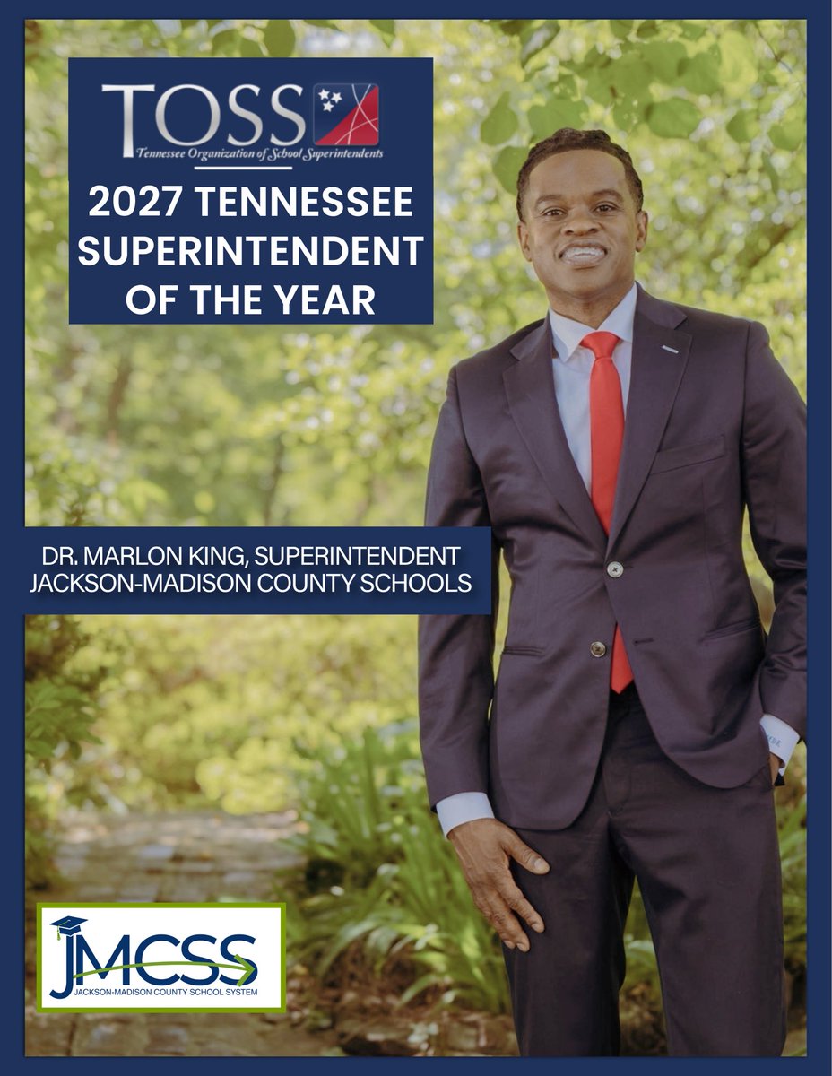 JMCSchools's tweet photo. YOUR ATTENTION PLEASE 📣
Breaking news out of Gatlinburg at the Tennessee Organization of School Superintendents (TOSS) Awards Banquet. 
JMCSS Superintendent Dr. Marlon King has been named the 2027 Tennessee Superintendent of the Year. 
More details soon! https://t.co/00hE4tV1bc