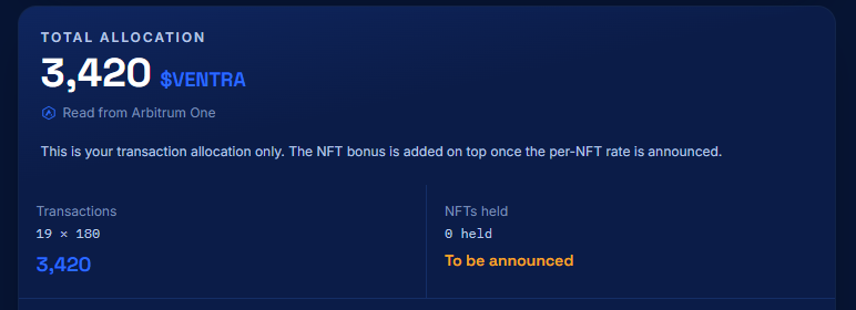 Lykan_BTC's tweet photo. My $VENTRA allocation: 3,420 $VENTRA
Every Arbitrum One transaction
I already made counts toward it.
Check what you are owed:  https://t.co/yQE2cHJjUt  @ventranxyz https://t.co/25l7aG1wAO