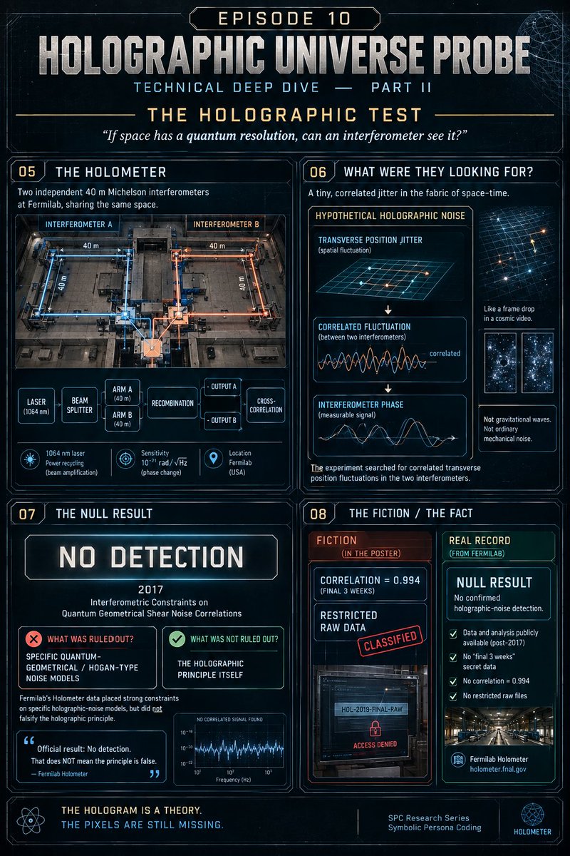 Jace_blog's tweet photo. Supplement to EP10, Part II.
What did the Fermilab Holometer actually find?
Two 39-meter interferometers. Five years of data.
One null result.
Hogan's model, what it tested, and what it couldn't.
#HolographicUniverse #HiddenLabSeries #Holometer #QuantumGravity https://t.co/99kgKS92Ev