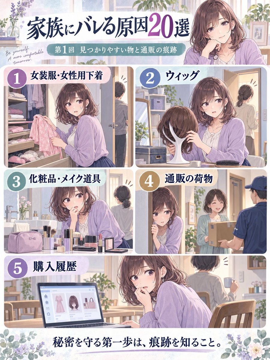 seiko_josou's tweet photo. 女装を家族に秘密にしている方へ⚠️

バレる原因は意外なところにも。

👗女装服・下着
💇ウィッグ
💄メイク道具
📦通販の荷物
📱購入履歴

特にネットの購入履歴には注意。

Amazonや楽天は、できれば自分専用アカウントを作って家族と分けるのがおすすめです。

秘密を守って女装を楽しみましょう😊 https://t.co/bBjkKGqC9u