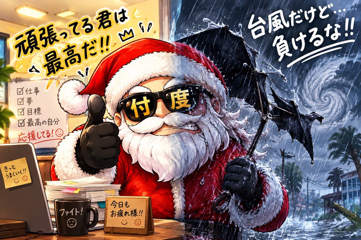 For_you_X_mas's tweet photo. good morning.

The weather is deteriorating in some areas due to the typhoon.

Have a great day!

For those who have to work while everyone else is off, I imagine it feels pretty unpleasant...

I believe there are people who notice, so keep up the good work.

Stay safe out there today!