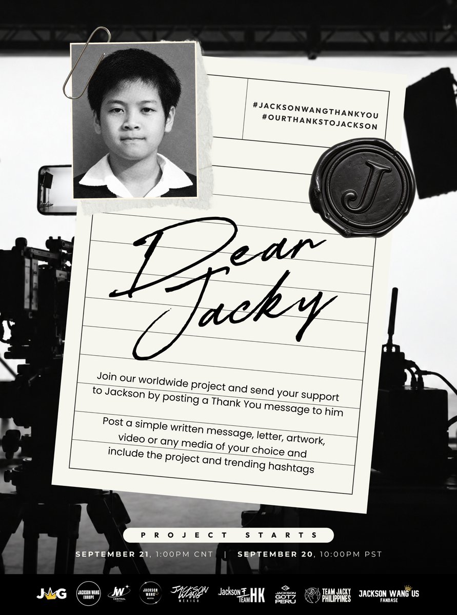 JacksonWangMx's tweet photo. [PROYECTO]

¡Únete a nuestro proyecto global de fans para el nuevo sencillo de Jackson Wang, THANK YOU! ❤️

Publica tu propio agradecimiento a Jackson: un mensaje, carta, dibujo, video... ¡y demuéstrale tu cariño! No olvides incluir los hashtags que aparecen a continuación 🥺

⏰️20 de Septiembre a las 11:00PM🇲🇽

#️⃣JACKSONWANGTHANKYOU #️⃣OURTHANKSTOJACKSON

#JacksonWang #王嘉尔 #잭슨 #TEAMWANG