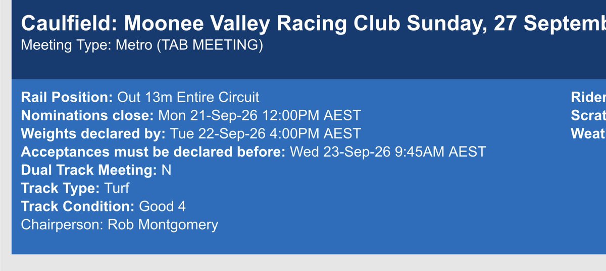 Matt__Welsh_'s tweet photo. Sheesh, 13m rail for Manikato. Can only think the meeting would’ve been moved to Sandown if it wasn’t on renovation. https://t.co/Kadlv9kmw1